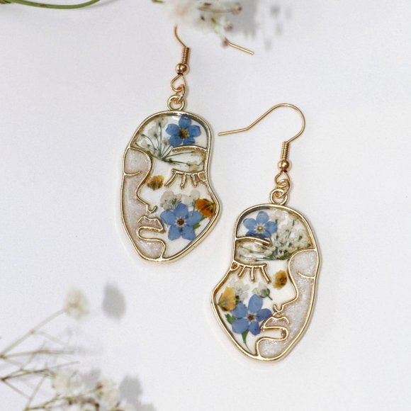 Hand Crafted Jewelry - Blue Flower Resin Face Earrings- Handmade Earrings- Real Flower Earrings